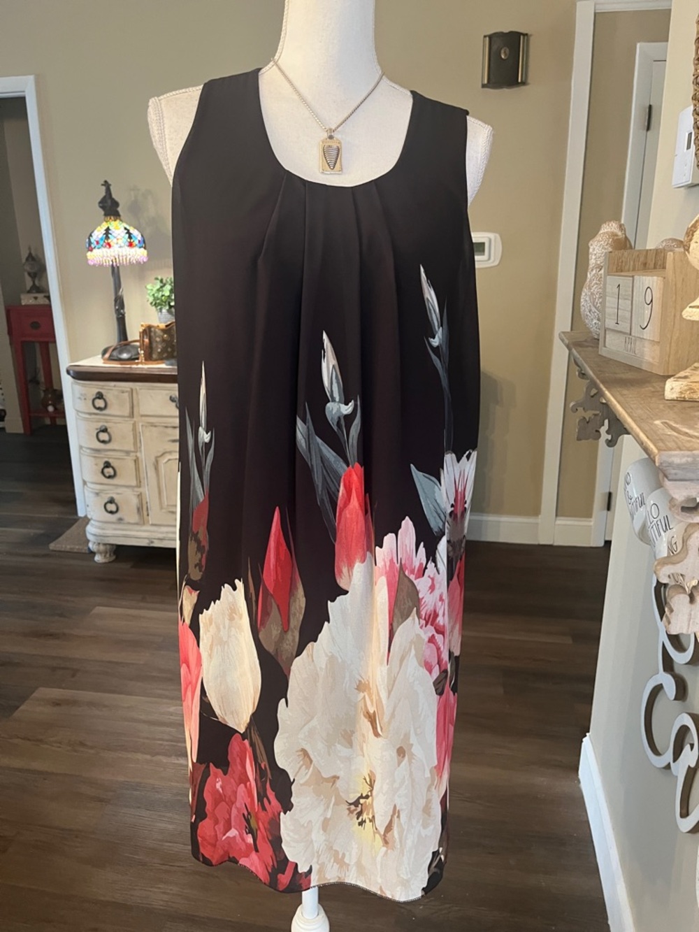 Black Floral Midi Shift Dress with Pink & White Blooms